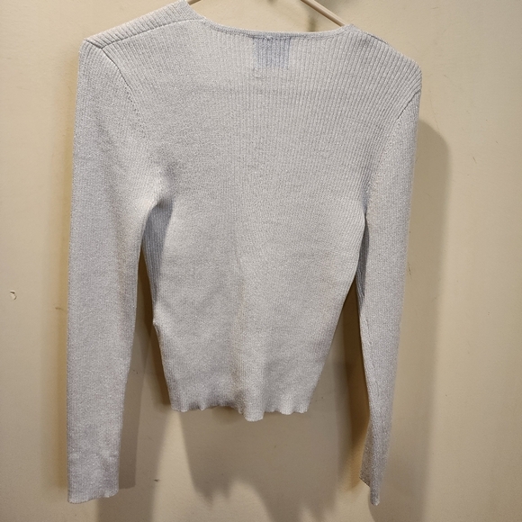 Pink Rose Gray Silver Glitter Long Steeves V Neck Wrap top size L - Picture 8 of 13